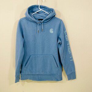 Carhartt Hoodie Women Small  Relaxed Fit Light Blue Sweatshirt Pullover Spellout